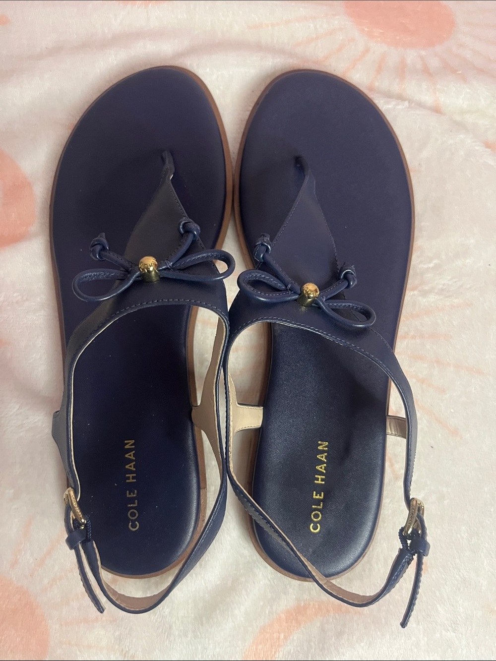 Cole Haan Navy Bow Thong Sandals with Gold Accent